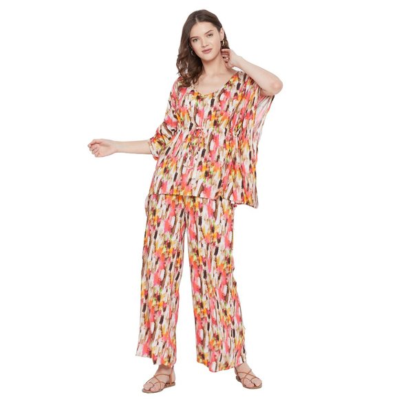 Abstract Printed Cream Color Rayon Co-Ord Set Dress for Women by Gypsie Blu - Picture 4 of 14